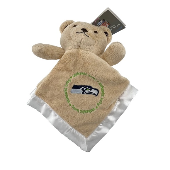 NFL Security Bear Seahawks Lovey Toy Blanket Baby Tan Satin Trim NEW - Picture 1 of 5